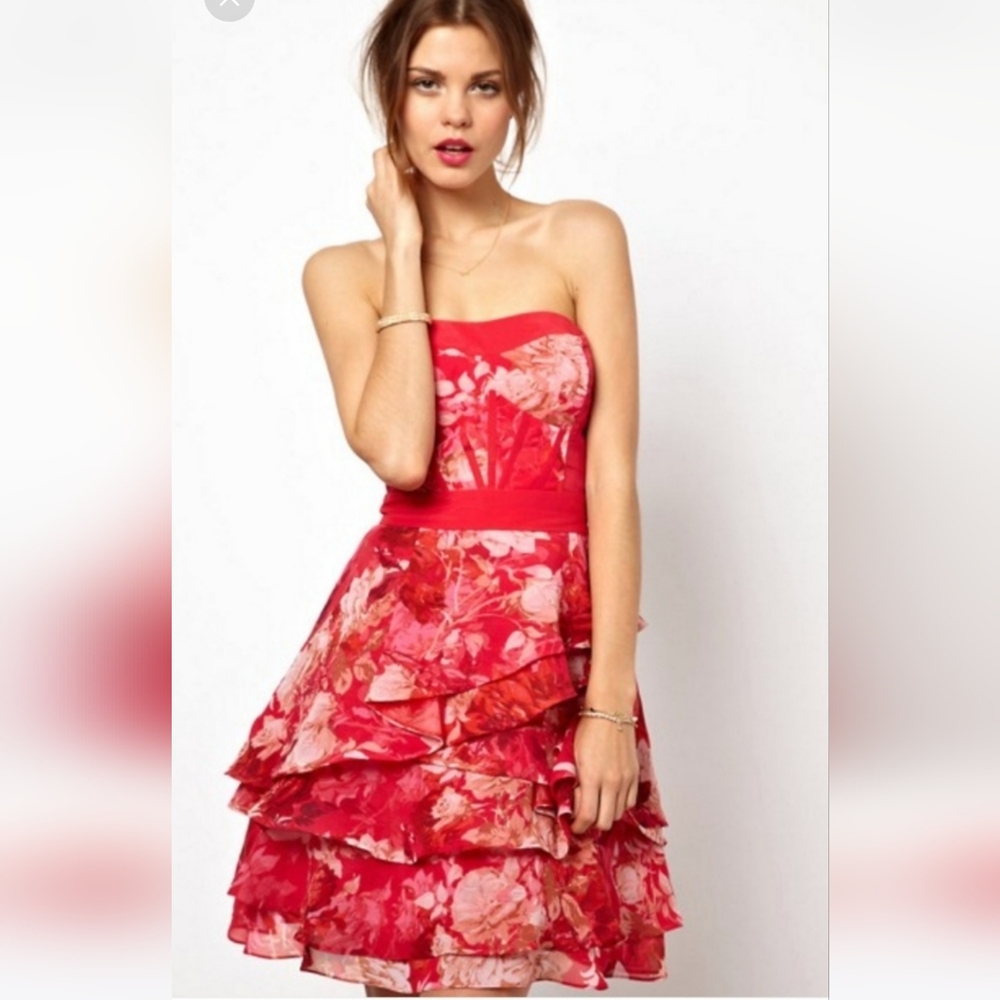 ASOS Karen Miller Red Silk Chiffon Ruffles Prom Cocktail Dress Small NEW